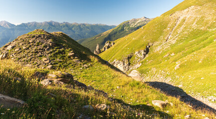 View from hiking trail between Lac du Mont-Cenis and Alpe Tour in Graian Alps on french-italian...