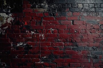 Dark red brick wall, heavily textured with patches of black and faded paint, showing age and wear
