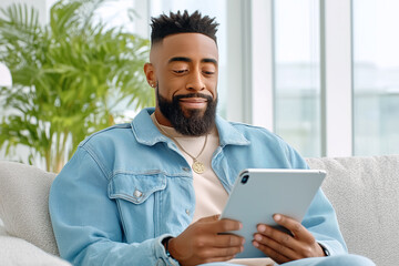 Young man focused on tablet while seated on plush couch. Bright and airy living room with greenery and large windows. Concept of technology, relaxation, home entertainment