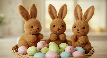 Obraz premium Adorable Brown Easter Bunnies Surrounded by Colorful Eggs in a Basket