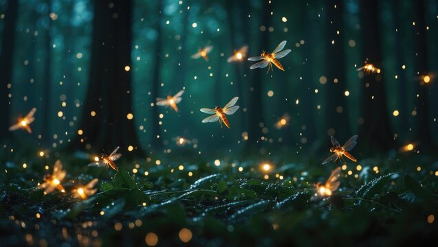 Firefly Flying In The Forest After Raining, Beautiful Light Romantic Scene At Night. Green Ozone Ecology, Natural Therapy, Eco-Friendly, Eco Earth Day Concept