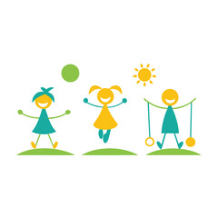 Fototapeta premium Three smiling cartoon stick figure girls are playing joyfully outside in the sunshine