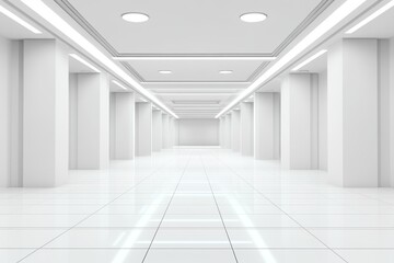 Fototapeta premium Minimalist White Hall Interior with Spotlight Features, Clean Lines, and Gleaming Tile Floor Design