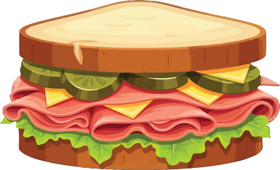 Delicious Ham and Cheese Sandwich with Pickles and Lettuce Illustration