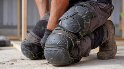 A construction worker kneeling with knee pads and work boots on a concrete surface indoors