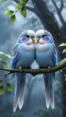 Adorable Blue and White Parakeets in a Rainy Forest