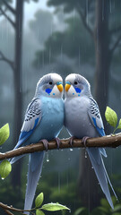 Adorable Blue and White Parakeets in a Rainy Forest