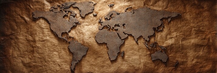Fototapeta premium Distressed Grunge World Map on Aged Parchment with Antique Style Continents and Vintage Backdrop