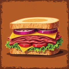 Delicious and Colorful Sandwich with Meat Cheese and Fresh Vegetables Illustration