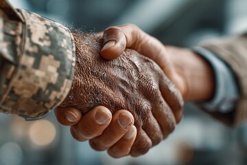 Soldier and businessman shaking hands indoors, closeup. High quality