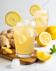 Fototapeta premium A perfectly poured glass of sparkling ginger ale with ice and a lemon slice, a refreshing Canadian beverage.