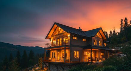 Obraz premium Mountainside Log Cabin Dream Home in the Twilight