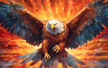 Eagle emerging from a burst of flames