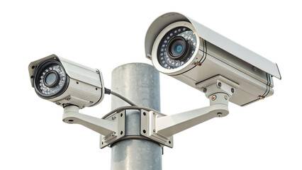 Security cameras mounted on pole isolated on a white background PNG. AI GENERATED