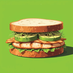 Delicious Chicken Sandwich with Avocado and Sprouts on a Green Background
