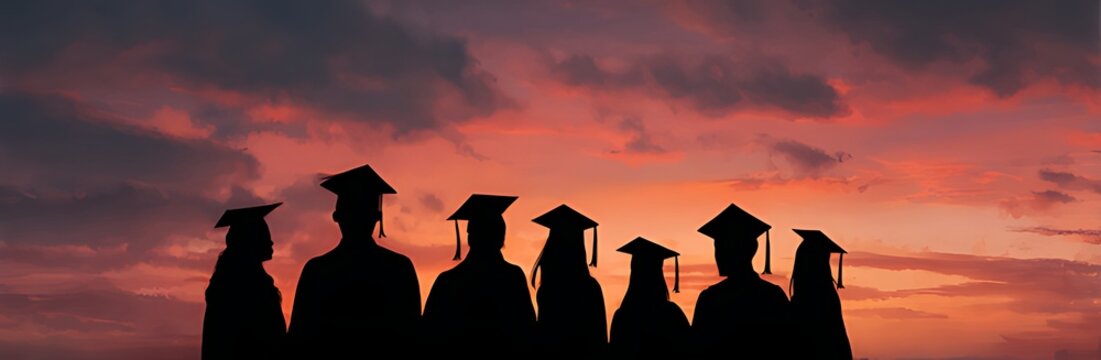 Silhouettes of students with graduate caps in a row on panoramic sunset background. Graduation ceremony at university web banner,