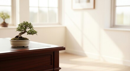 Elegant bonsai tree on a dark wood desk in a bright home office setting