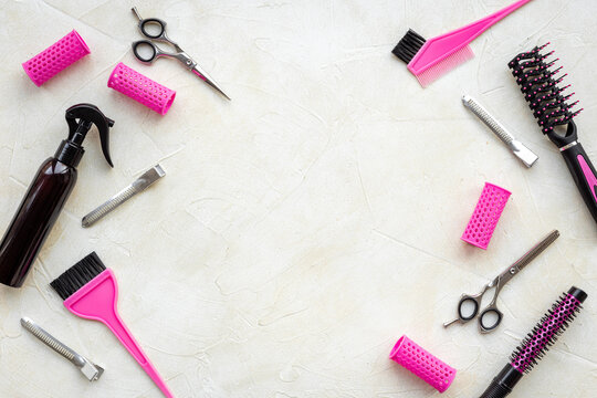 Layout of hairdresser tools set, top view. Combs and scissors on white background - Powered by Adobe