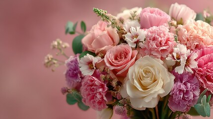 Colorful bouquet of roses and carnations arranged beautifully for a spring celebration at a garden