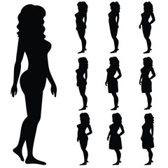 Black silhouettes showcase a woman posing with diverse dresses and stances in a row