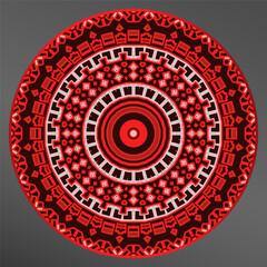 Interesting geometric ornament in red white black. tray, a round geometric ornament for tea or coffee porcelain plate,trays, dishes and souvenirs.
