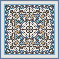 Square ornament in white beige green blue for scarves or pillows, for printing on fabric or paper. Frame. Ribbons. Carpet design.