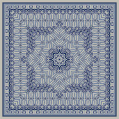 Square ornament in gray blue for scarves or pillows, for printing on fabric or paper. Frame. Ribbons. Carpet design.