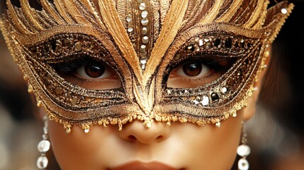 Woman wearing an ornate, gold and black masquerade mask with intricate details and embellishments