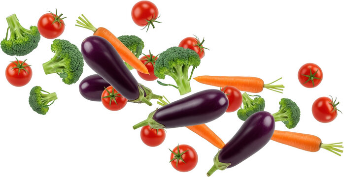 Fresh vegetables eggplants broccoli carrots and tomatoes falling isolated