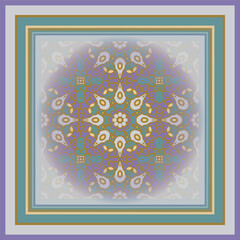Creative style abstract geometric mandala pattern in violet orange green, vector seamless, can be used for printing onto fabric, interior, design, textile. Frame.