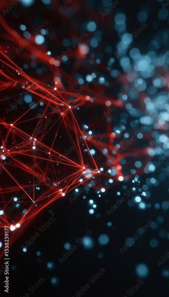 Poster advanced networking design with red lines and blue dots on a dark background for data exchange