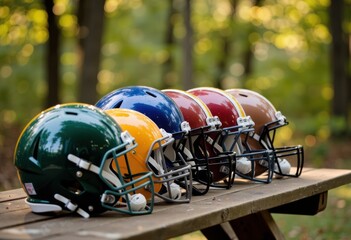 Fototapeta premium Colorful football helmets lined up on a wooden table in a forest setting