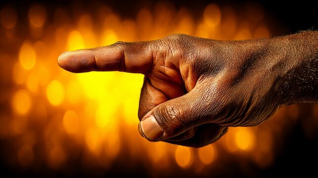 Close-up of a dark-skinned hand pointing against a warm, blurred background - Powered by Adobe