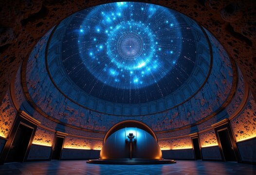 A person standing inside a futuristic domed observatory with a starry sky projection on the ceiling