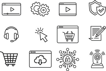 Set of Simple Line Art Icons Representing Online Services in a transparent background.