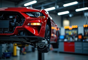 Red sports car being serviced or assembled in an automotive workshop