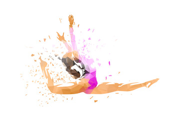 Artistic gymnast woman in mid-air during a dynamic jump. Low poly vector illustration with distortion effect, isolated vector silhouette