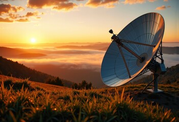 Satellite dish antenna overlooking a scenic sunrise landscape with clouds and mountains