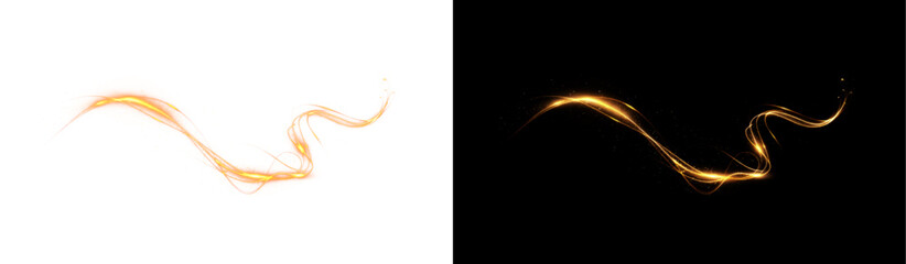 Beam, curve, dynamic, effect, flare form a glowing PNG style. This PNG Overlay features transparent golden spirals, magic sparkles, and futuristic shine for bright abstract motion illustrations.