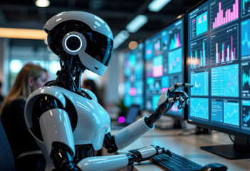 Futuristic robot working at multiple computer screens displaying data and analytics in a high-tech environment