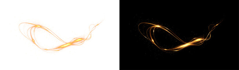 Beam, curve, dynamic, effect, flare form a glowing PNG style. This PNG Overlay features transparent golden spirals, magic sparkles, and futuristic shine for bright abstract motion illustrations.