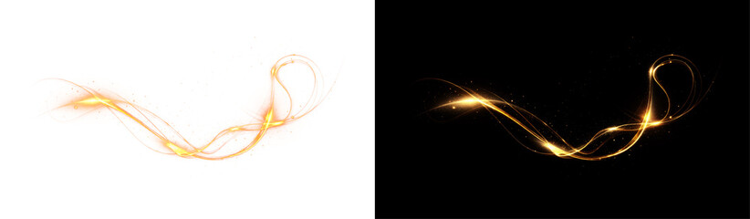Beam, curve, dynamic, effect, flare form a glowing PNG style. This PNG Overlay features transparent golden spirals, magic sparkles, and futuristic shine for bright abstract motion illustrations.