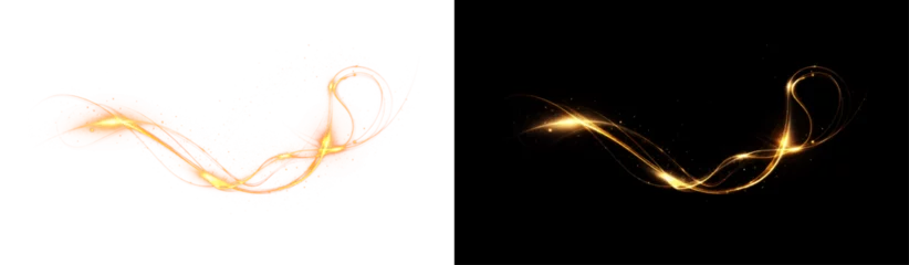Selbstklebende Fototapeten Beam, curve, dynamic, effect, flare form a glowing PNG style. This PNG Overlay features transparent golden spirals, magic sparkles, and futuristic shine for bright abstract motion illustrations. © Gunenko