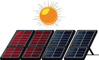 Solar Panels Vector Illustration with Sun, Isolated on White Background