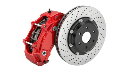 Red brake caliper and perforated disc isolated on a white background PNG. AI GENERATED