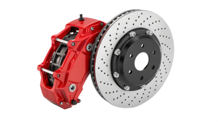 Red brake caliper and perforated disc isolated on a white background PNG. AI GENERATED
