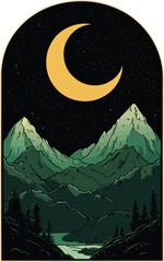 Mountain Landscape with Moon Vector Illustration.