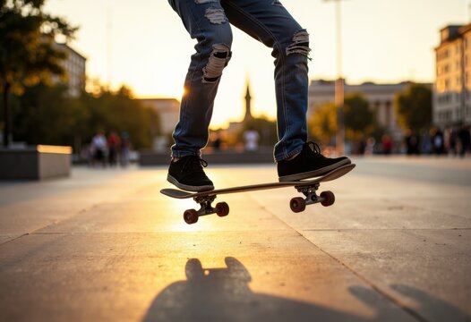 Skateboarder performing a trick outdoors during sunset with urban background