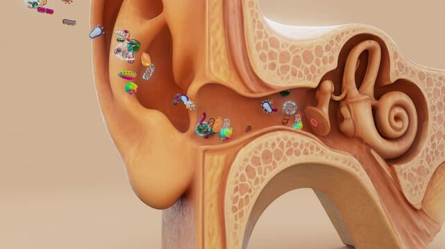 Conceptual 3D animation of bacteria infecting the human ear