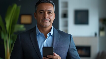 Man in business suit looking at phone. For business articles, mobile app ads and corporate presentations.